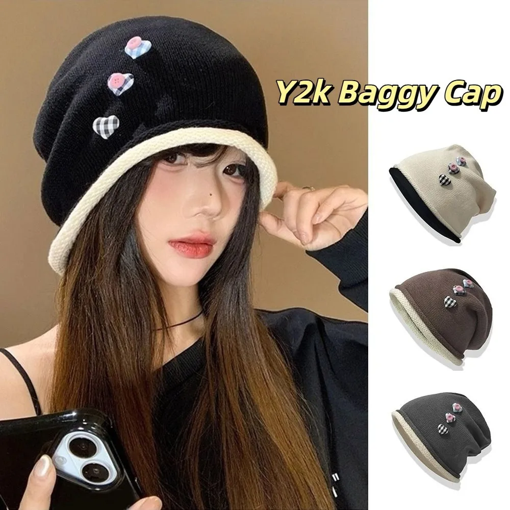

Retro Vintage Y2k Baggy Cap Curl Brim Heart Button Knitted Beanies Cap Versatile Loose Pullover Hats Streetwear