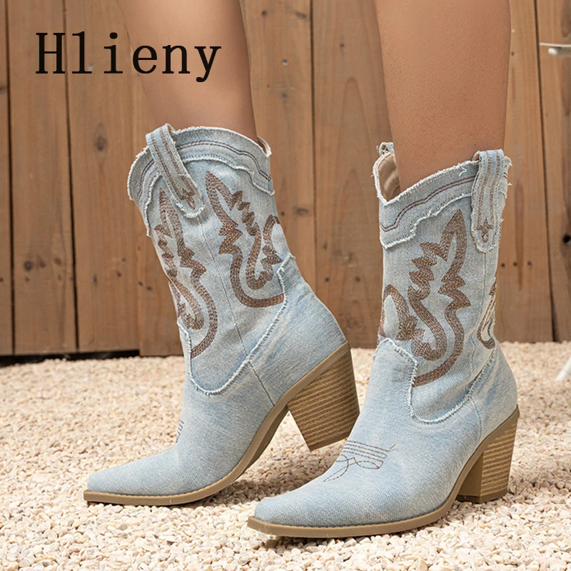 Hlieny-Bottes mi-mollet pointues rétro pour femmes, chaussures provoqué, broderie, talons carrés, printemps, automne, hiver, mode, nouveau