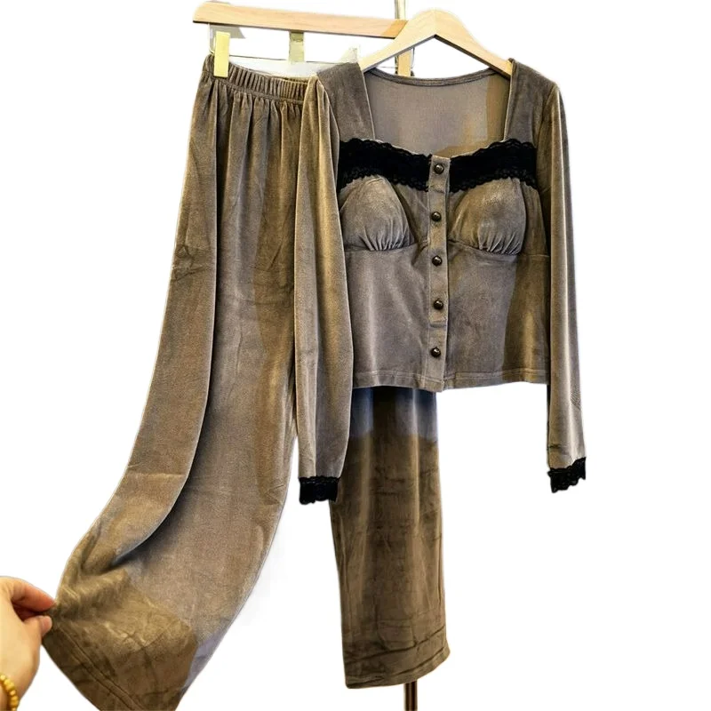 

Осень-зима 2026, утолщенные теплые свободные простые и милые кружевные свободные комплекты домашней одежды, островные бархатные пижамы с самоподкладкой для женщин