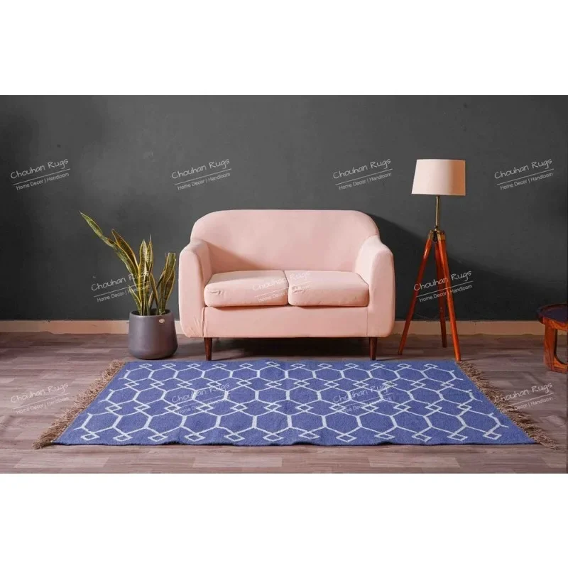 Vintage Turkish Hand-Woven Kilim Flat Weave Area Rug Blue Rug with White Design