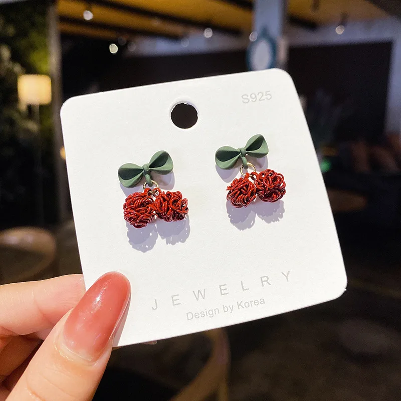 Jea. Angel New Arrival Bowknot Earring Fashion Geometric Silver Color Sweet Cherry Earring For Woman BIrthday Party Jewelry Gift