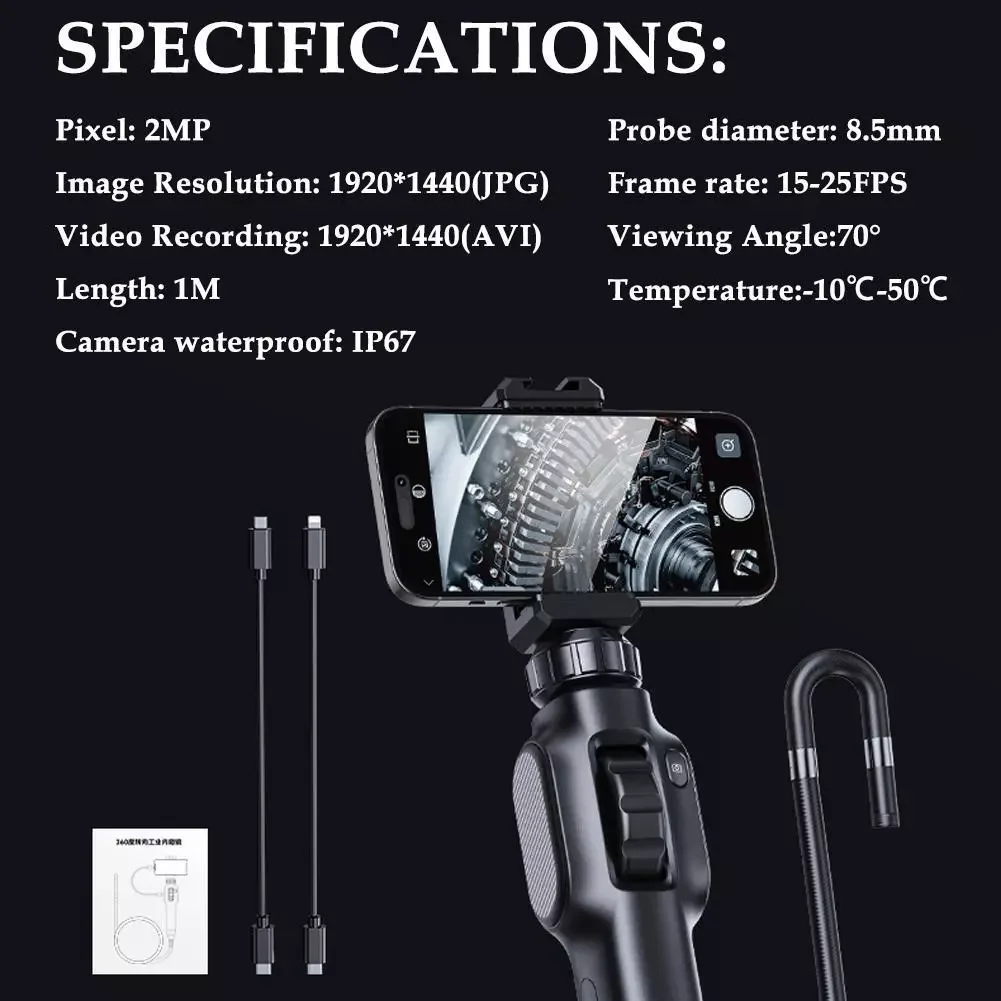 Industrial Sewer Piping Rotary Video Endoscope Camera With Articulation 360 For Android Type C Iphone IOS 1m 1080p Cars Rotary