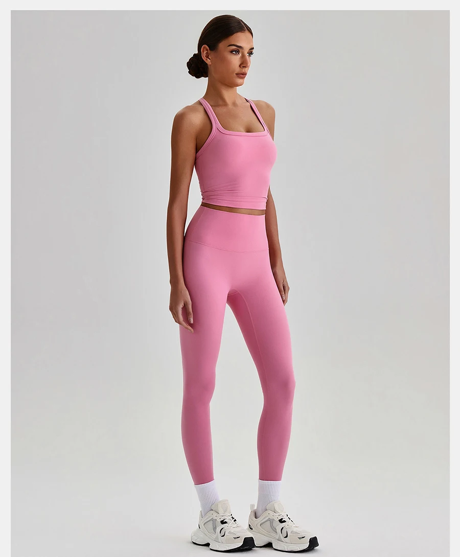 Butterweiches 2-teiliges Yoga-Set für Damen: Trainingskleidung mit gepolstertem Cross-Back-Tanktop und High-Waist-Leggings mit Po-Lifting-Effekt – Sportbekleidung für das Gym – Detail 9