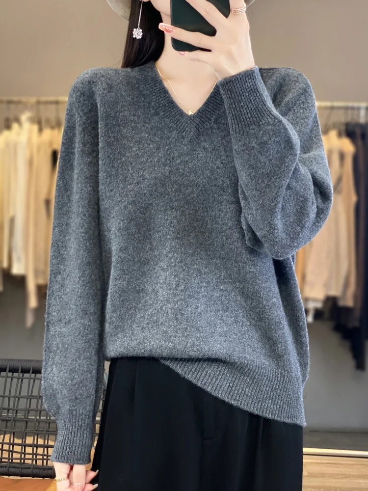 

Autumn Winter Women's 100% Merino Wool Pullover Knitted Sweater V-neck Soft Comfort Simple Casual Basic Style Versatile Tops