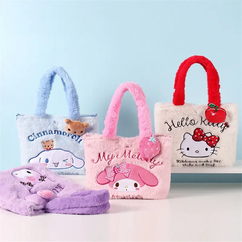 Kawaii Sanrio Plush Bag Y2K Hello Kitty Cinnamoroll Tote Handbag My Melody Plushie Storage Stuffed Toys Bags for Women Gifts