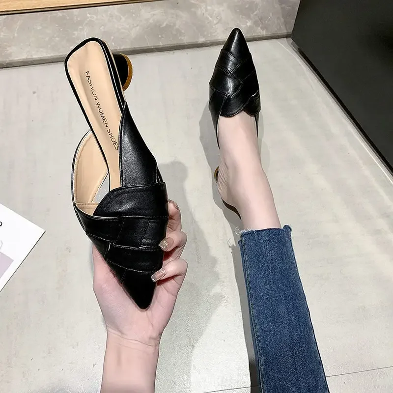 Schuhe für Frauen schwarze Sandalen 2024 Panto letten außerhalb Frau Hausschuhe Job Low Heel spitzen Zehen Leder rutschen Luxus schuh 39 Verkauf Eva