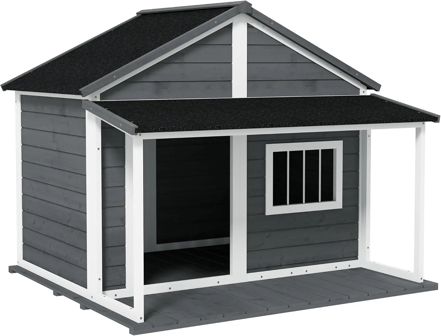 Outdoor Dog House Cabin Style Wooden Raised Pet Kennel with Asphalt Roof Front Door Side Window Porch for Medium/Large Dogs