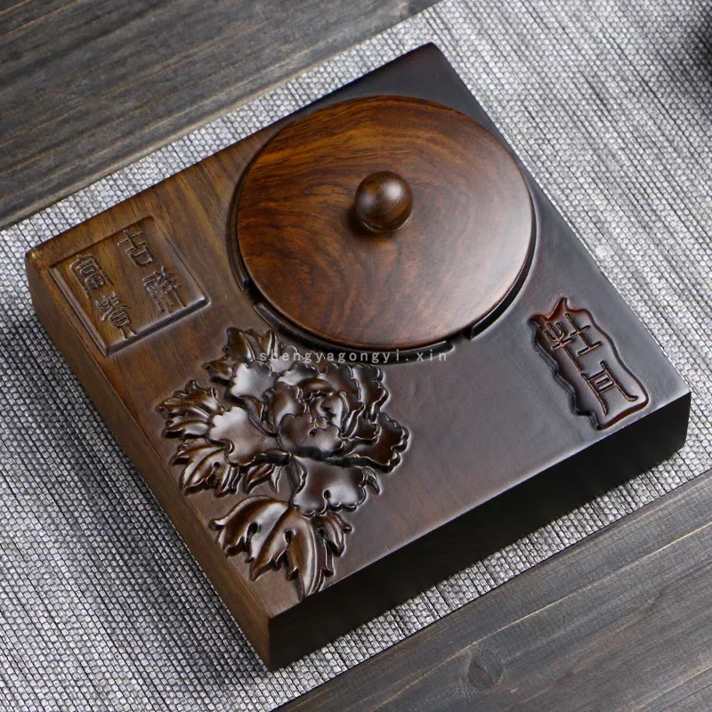 

2021 new home life ebony wood ashtray creative retro Chinese household large ash-proof wooden square ashtray with lid