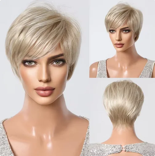 Perruque Synthétique Courte Coupe Pixie Grise Lisse avec Frange pour Femme Noire, Haute Température 03