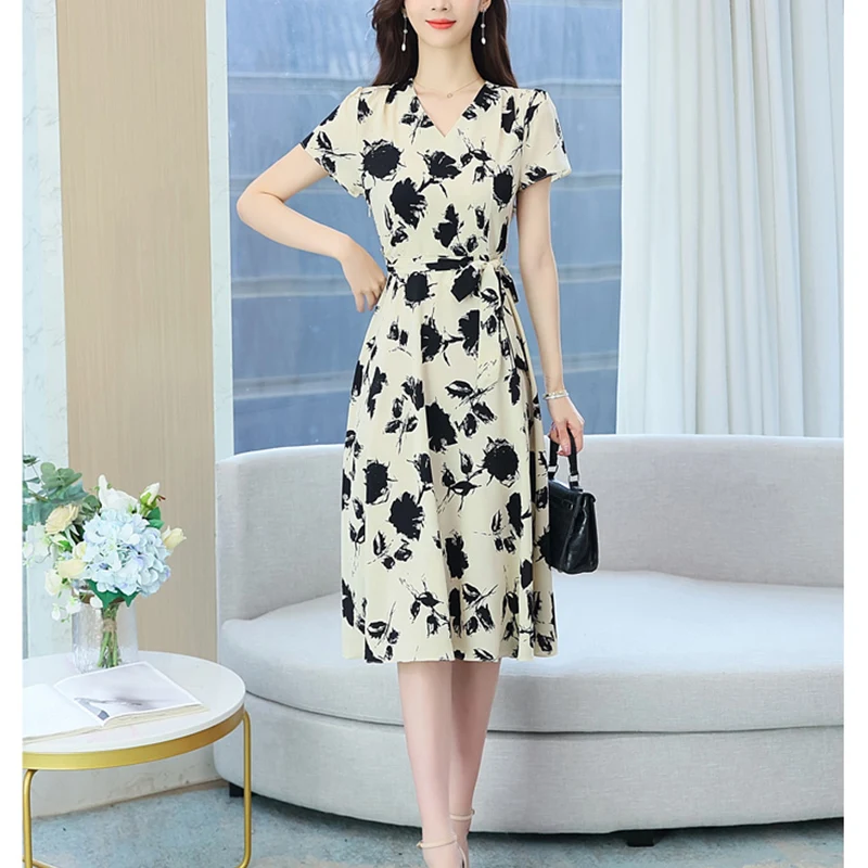 Summer V-neck Vintage Printing Lace Up Robe Femme Short Sleeve Elegant Fashion Midi Dress Women Temperament Vestidos De Fiesta