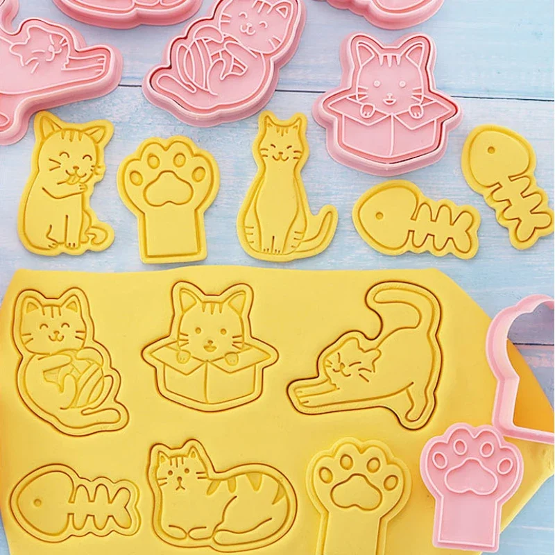 8pcs/set Cute Animal Cat Dog Cookie Mold Set Cartoon Claw Fish Bone Shape Biscuits Stamp Fondant Molds Cake Baking Tools