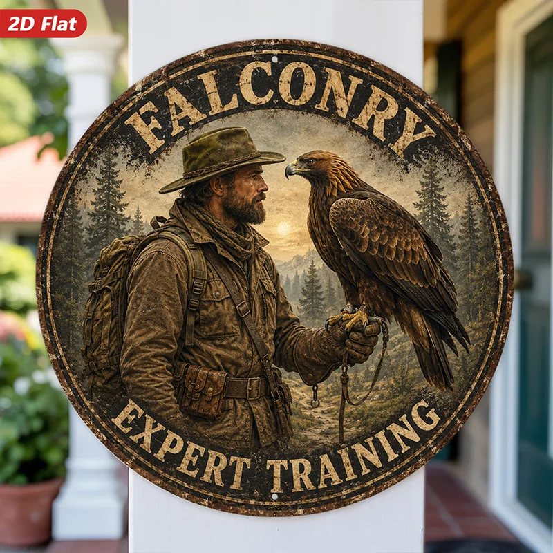 2D Flat, 1pc Falconry Expert Round Metal Sign Wall Art, Training Message, Majestic Eagle Portrait, Rustic Home Decor,