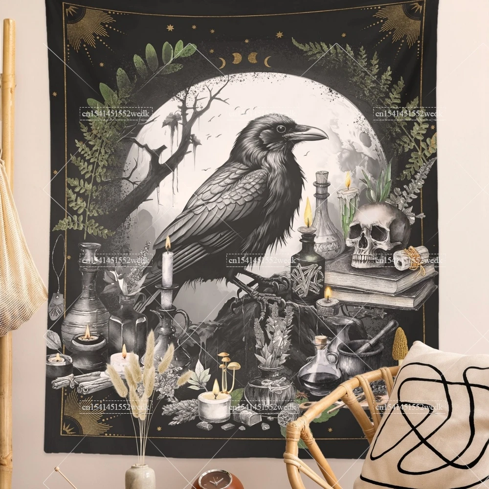 Gothic Raven Witch Tapestry Wall Hanging Skeleton Tapestries Dark Academia Crow Aesthetic Bedroom Decoration Tarot Altar Cloths