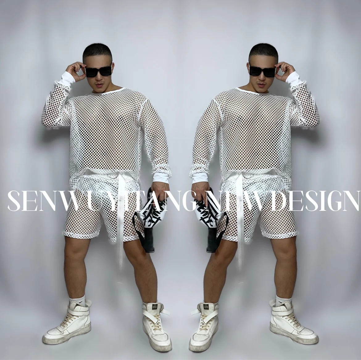 Sexy Outfit Nightclub Bar Party GOGO Singer DS Dance Male Long Sleeve Mesh Top+Shorts+Belt Hip Hop Stage Performance Tracksuit