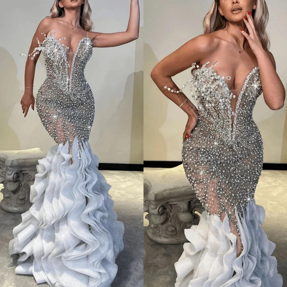 

Luxurious Pearls Wedding Dresses Strapless Sleeveless Beading Mermaid Bridal Gown Customized Puffy Ruffle vestidos de novia