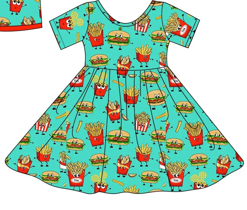 Boutique Toddler Boys Food Outfits Burger Fries Print Girls Dress Matches Children Pajamas Baby Sleepsuit