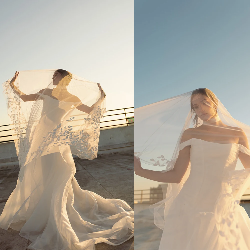 Romantic Cathedral Bridal Veil Exquisite Leaf Shaped Applique Trim Trailing Wedding Veils Long Bride Accessory Tulle