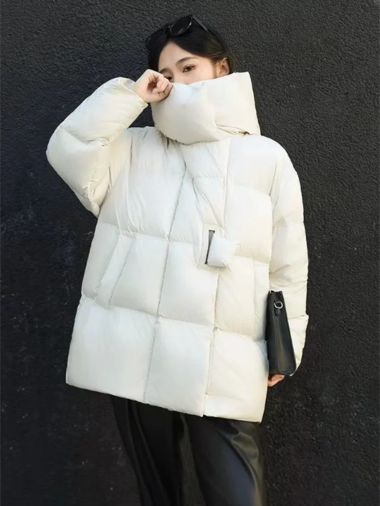 Winter Women\'s Jackets 2024 Thick Warm Loose Fashion 90% White Duck Down Puffer Jacket Hooded Casual Puffy Mid-Length Down Coat