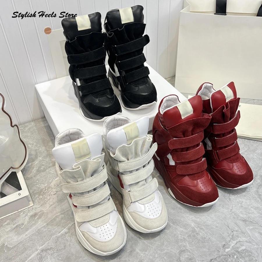 Stylish Height Increasing High-top Trainers Women Hook and Loop Casual Shoes Luxury Fashion Patchwork Suede Warm Ankle Sneakers