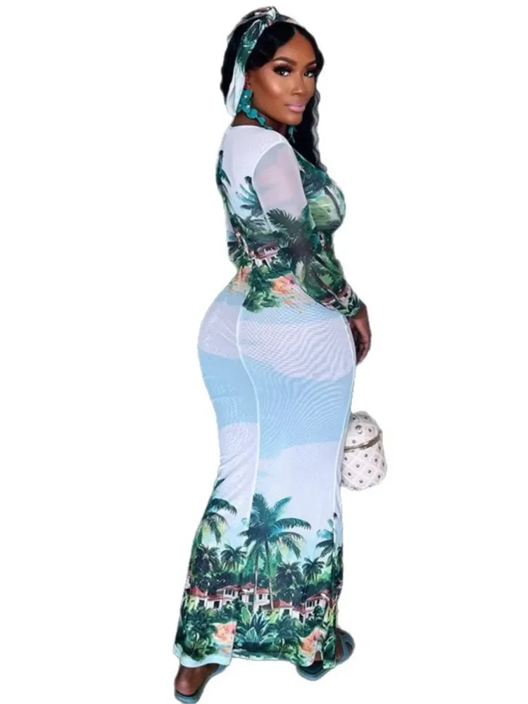 Summer Cover Ups Women Swimsuit Long Sleeve Robes Bathing Suit 2025 New Tree Print Beach Holiday Maxi Dresses Cover-Up