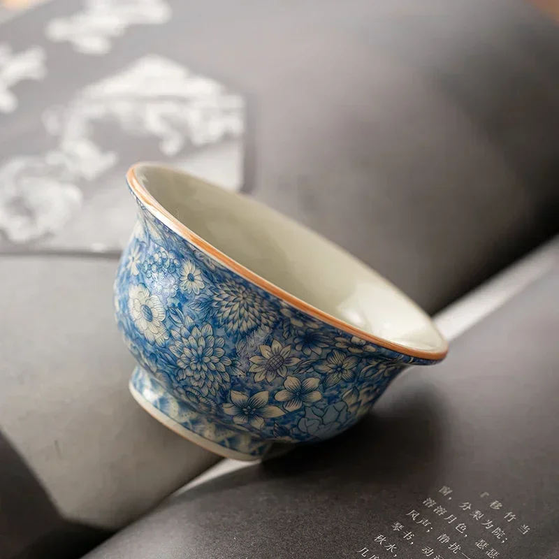 1 Pc Chinese Vintage Ru Kiln Blue and Flower Tea Cup Handmade Flowers Tea Bowl Ceramic Teacup Household Teaware Meditation Cup