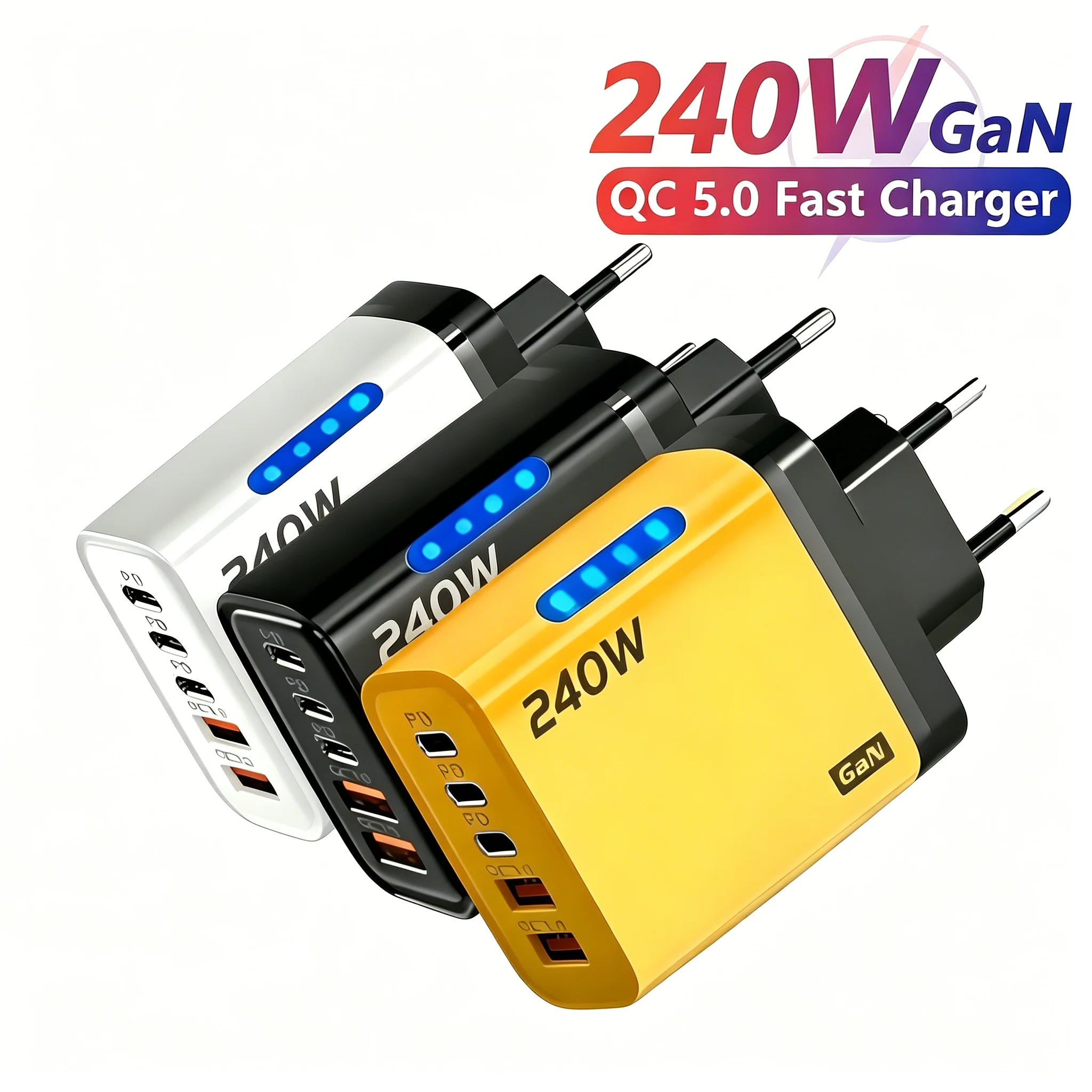 Enchufe de Carga Rápida de 240 W, Enchufe Tipo C PD con Enchufe EU/US/UK, Cargador de Viaje Global, Estación de Carga para Teléfonos Móviles, Hogar y Oficina