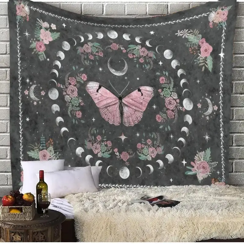VIKAMA Mysterious Moth Butterfly Tapestry, Sun Moon Boho Floral Wall Hanging, Bedroom Dorm Girl Room Decor
