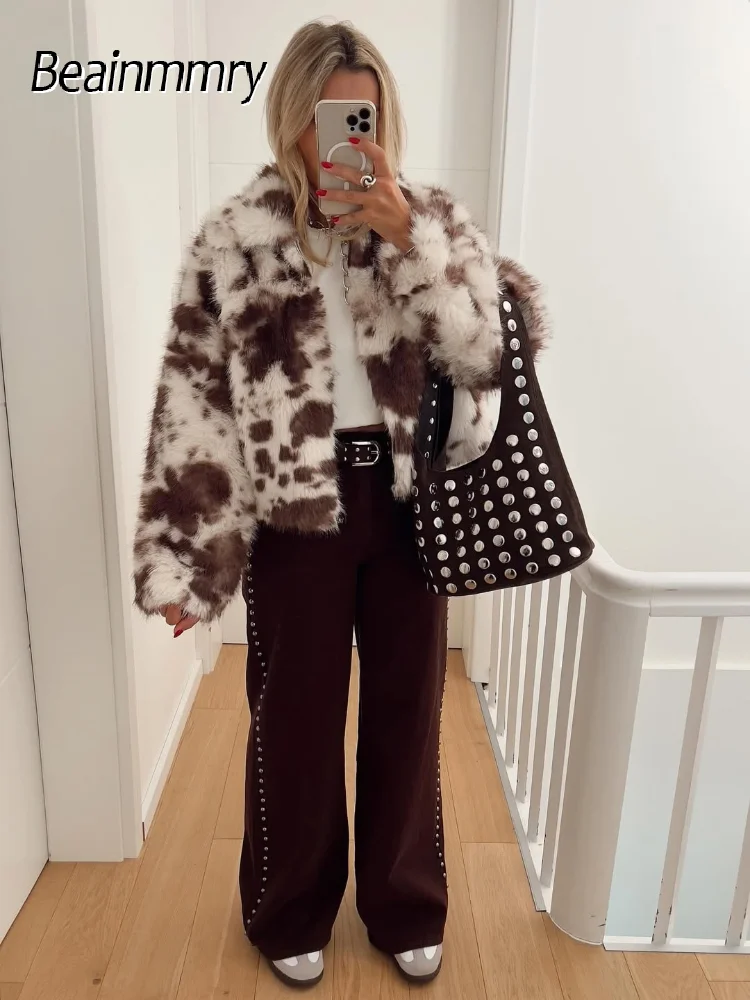 

Casual Cowhide Print Fake Fur Coat Women's Fashion Warm Cardigan Loose Outerwear 2025 New Autumn Street Style Short Outerwear