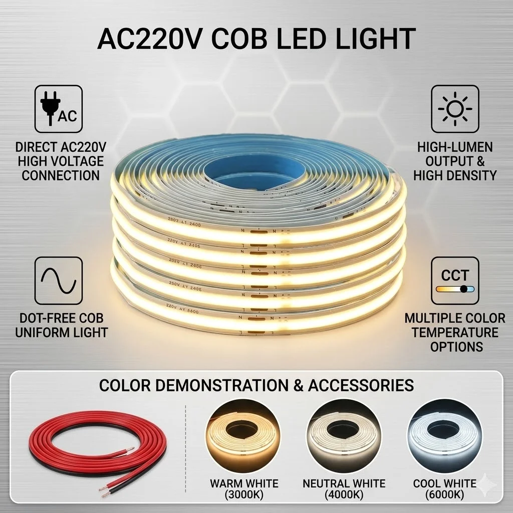 220V LED COB Strip Light 240 LEDs Flexible Tape Lights Smart IC No Need Driver High Bright Linear Lighting RA95 Warm White 1-5m