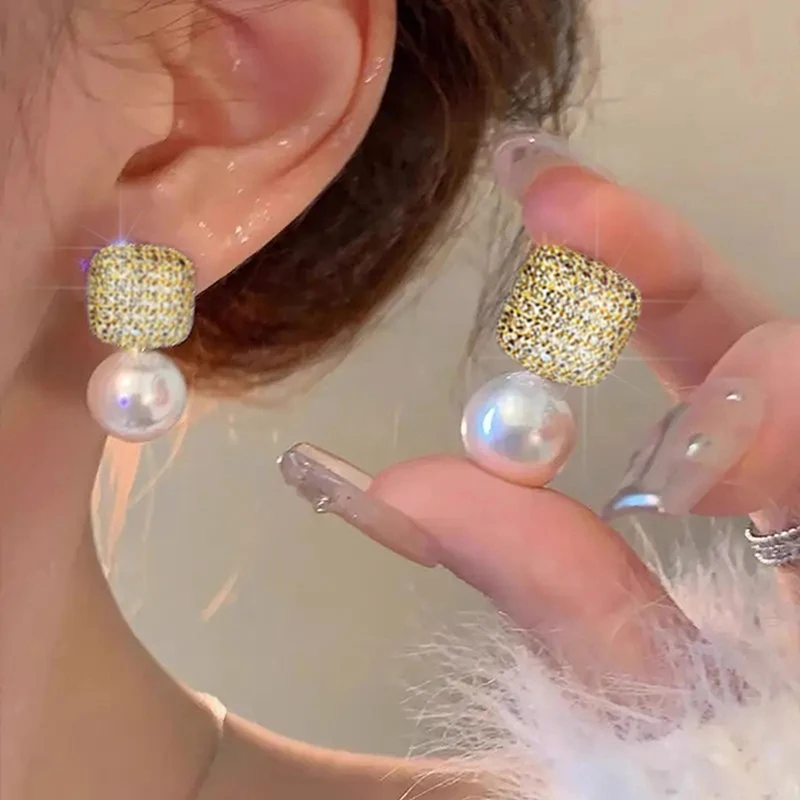 Huitan Sparkling Square-shape Drop Earrings with Imitation Pearl Full Bling CZ Modern Fashion Simulated Pearl Earrings for Women
