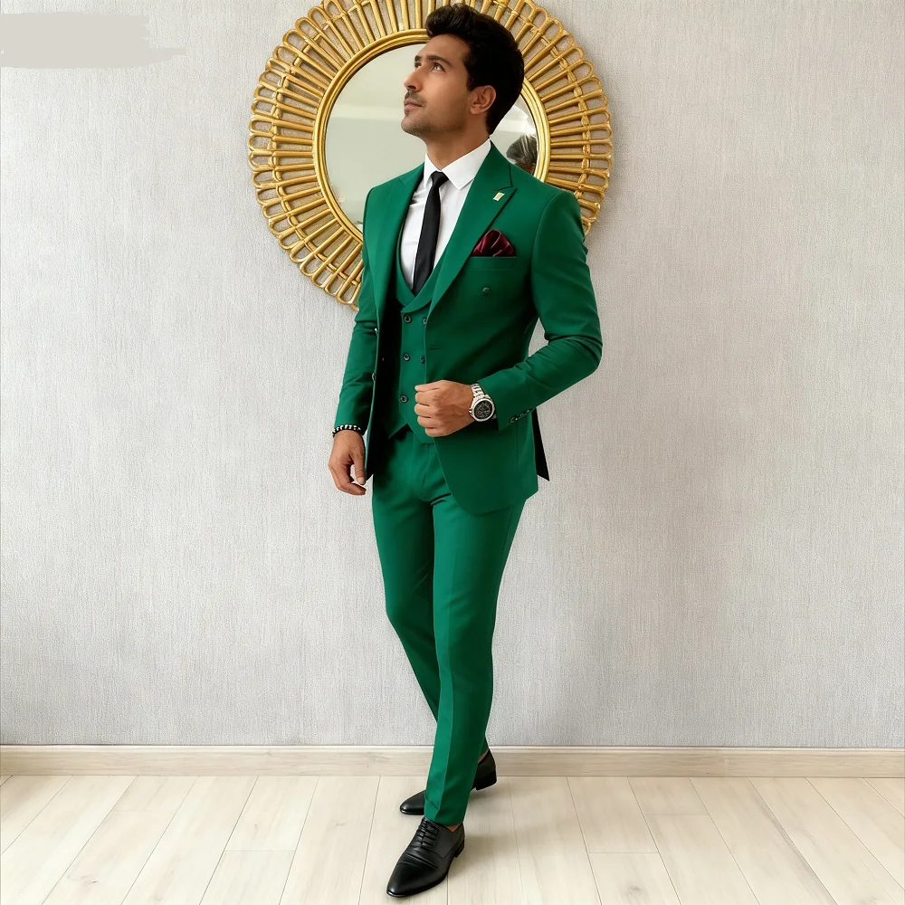 

Men's Slim Fit 3 Piece Terno Bonito Dark Green Wedding Party Suit Jacket Vest Pants Set Male Formal Wear