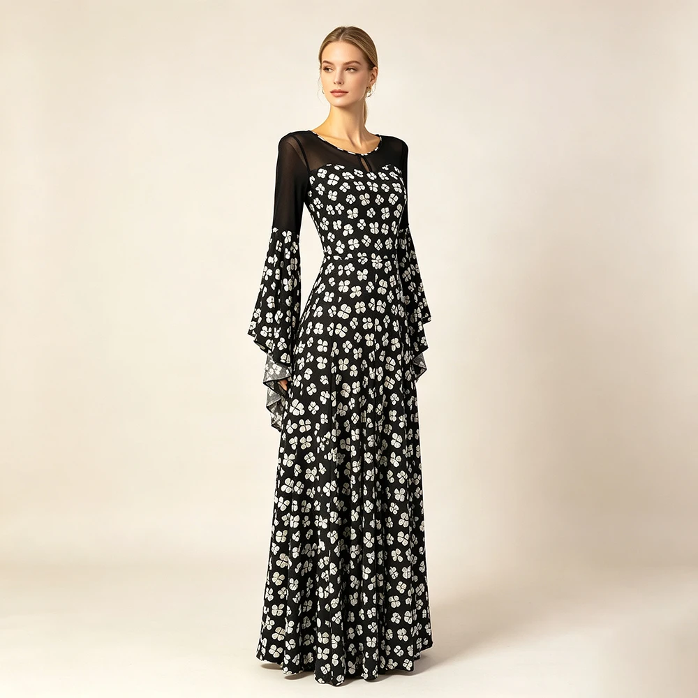 2026 New Ballroom Dance Dress Floral Print Modern Dance Costume Women Long Sleeve Waltz Practice Performance Long Gown