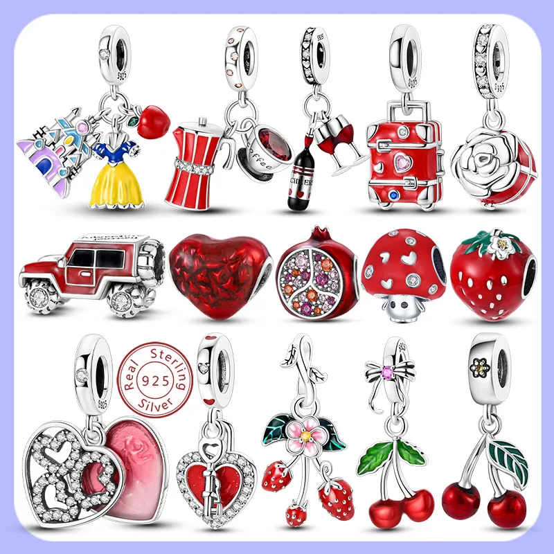 

New 925 Sterling Silver Charms Bead Red Cherry Strawberry Love Heart Charm Fit Original Bracelet Pendant DIY Jewelry For Women