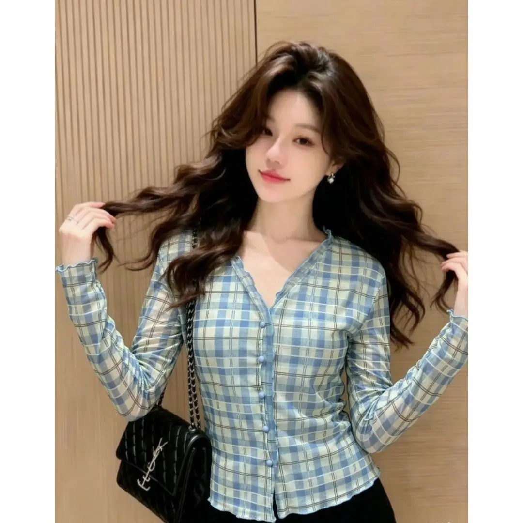Kimotimo Blue White Plaid Double Layer Mesh V-Neck Long Sleeve Cardigan T-Shirt Women Autumn Slim Fit Bell Sleeve Outerwear Top