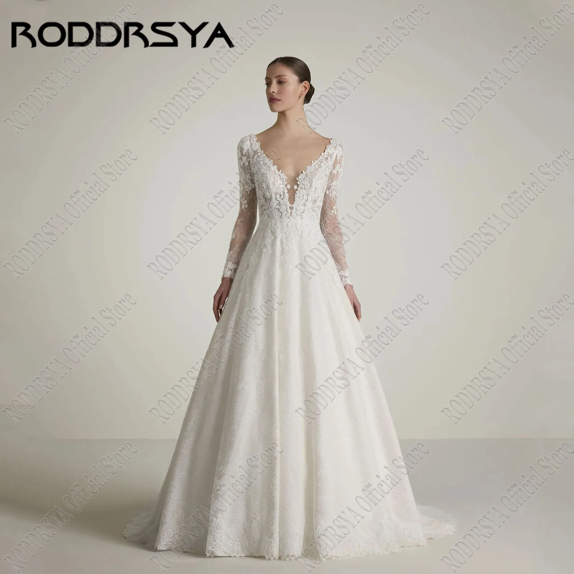 

RODDRSYA Lace Wedding Dress 2025 Bride Luxury V-Neck Applique Full Sleeve Bridal Gowns Backless Robe De Mariée 2025 Customized