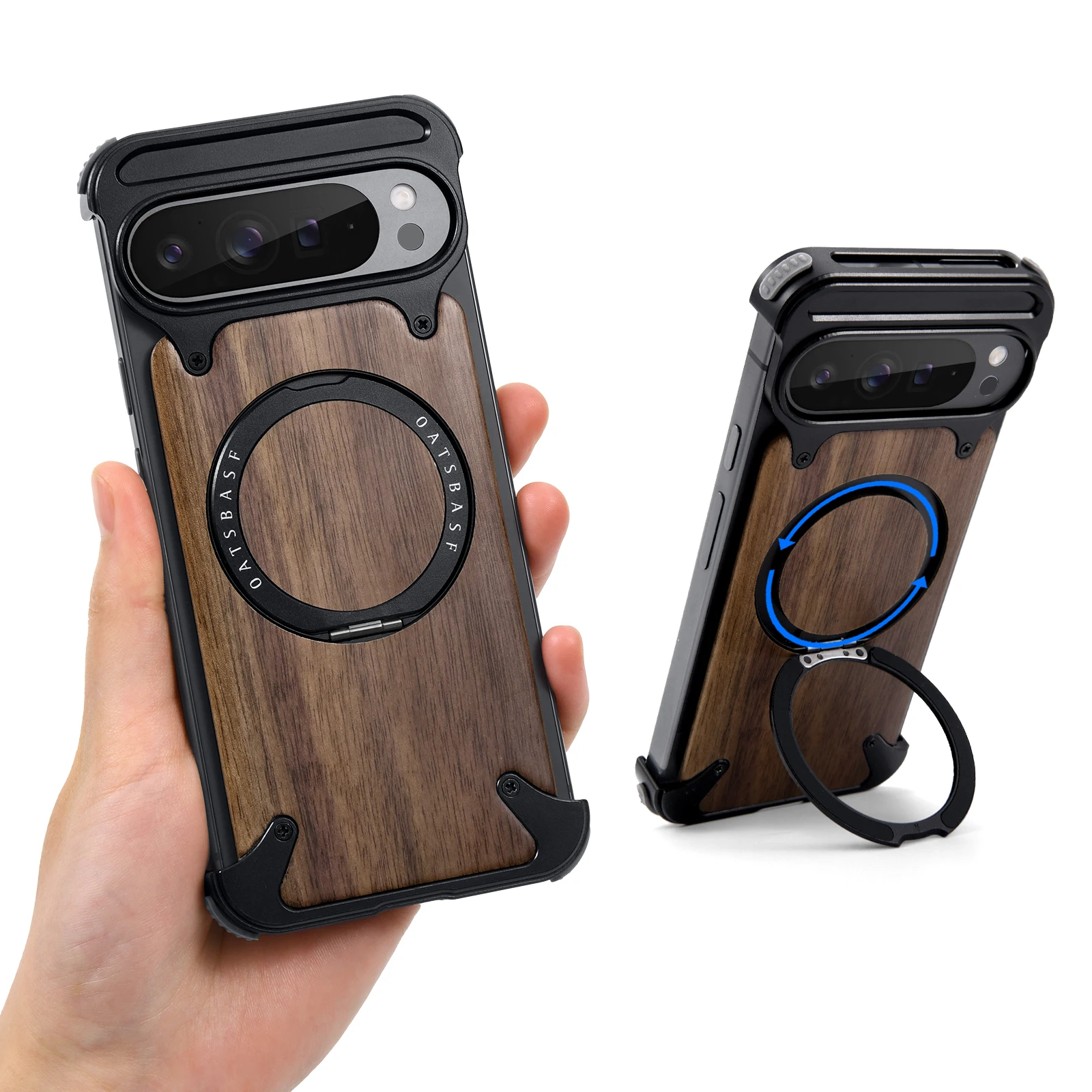 

Магнитный твердый деревянный чехол Oatsbasf для телефона Google Pixel 9 Pro XL с 360° ° Вращающаяся кольцевая подставка Magsafe Bumper Чехол для телефона