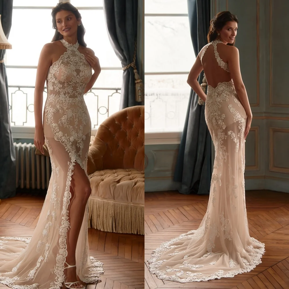 Maßgeschneiderte weiße Chiffon-Brautkleider, Temperament, Neckholder, ärmelloses Hochzeitskleid, Kapellenschleppe, Reißverschluss hinten, Meerjungfrauenkleid
