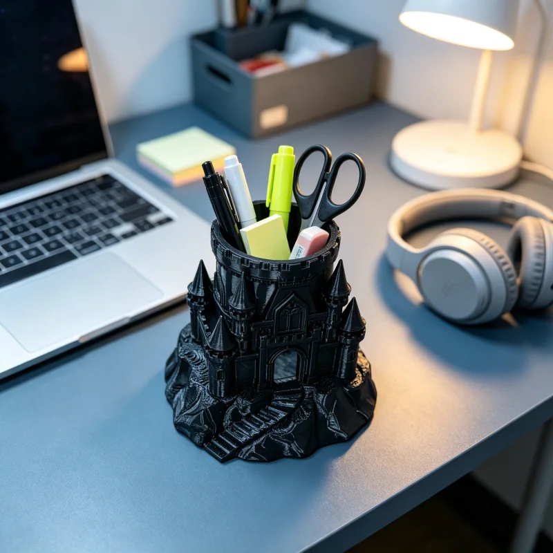 Mountain Castle Sculpture Desktop Pen Holder, Black Gothic Medieval Castle Pencil Cup, Made of Petg Matte Plastic with a Delicate Handmade Texture, Large-Capacity Stationery Organizer, Doubles as Storage and a Desktop Decoration, Suitable for Office, Study, Student Desks, Home Office Desk Accessories, a Cool and Unique Novelty Gift for Fantasy Enthusiasts