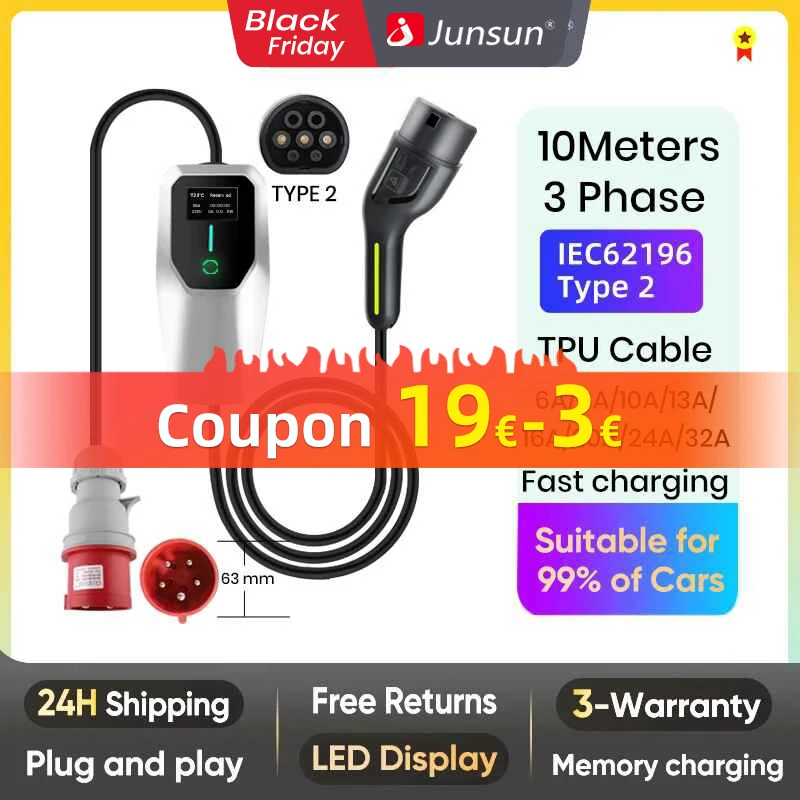 Junsun ev charger type 2 11kw 7KW single phase 100w charger wallbox 22kw type 2 for Tesla Kia Dacia Renault Nissan VW Hyundai