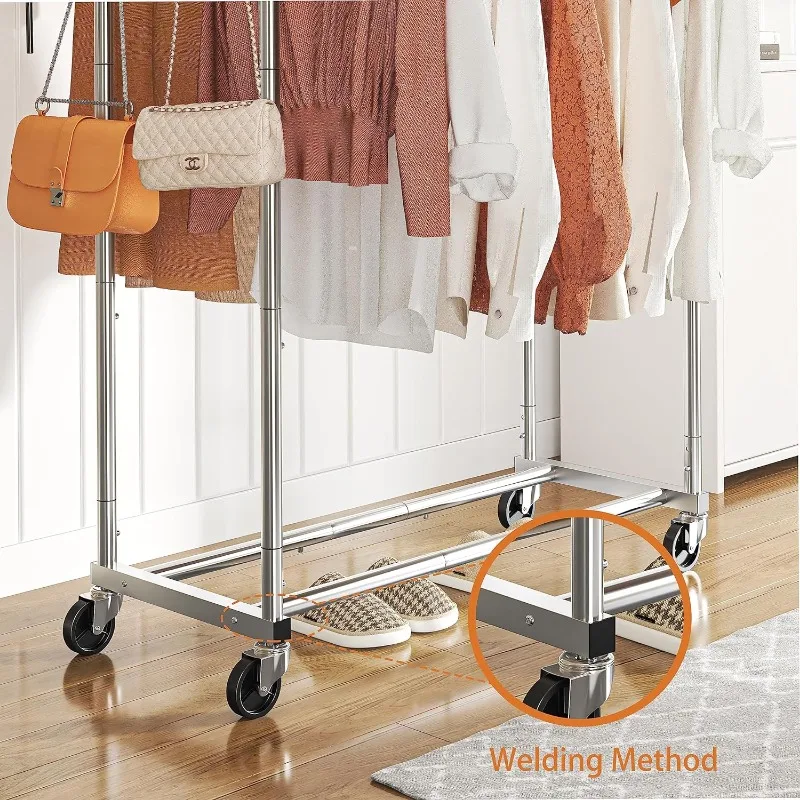 Double Rod Clothing Garment Rack, Rolling Clothes Organizer on Wheels for Hanging Clothes, 4 Hooks, Chrome