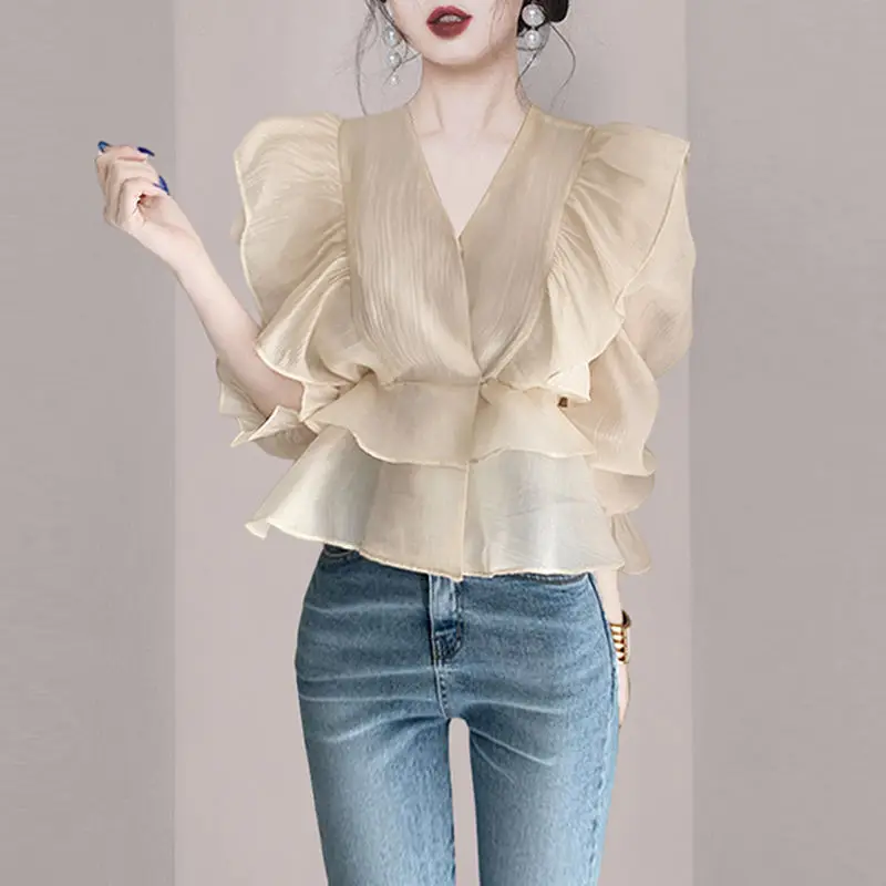 2023 New Spring and Summer Fairy Style Age Reducing V-Neck Panel Ruffle Edge Short Top Long Sleeve Sunscreen Cute Women's Shirt