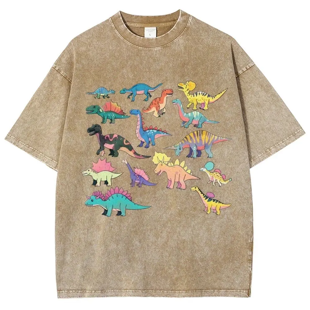 Vintage Washed Dinosaur Print Oversized Grey Cotton T-Shirt Vintage Playful Aesthetic Cartoon Tees Harajuku Campus Sweet Unisex