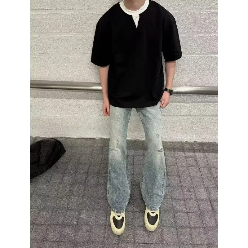 Men Korean Style Fake Two Piece T Shirt V Neck Heavy Fabric Loose Casual Short Sleeve Top