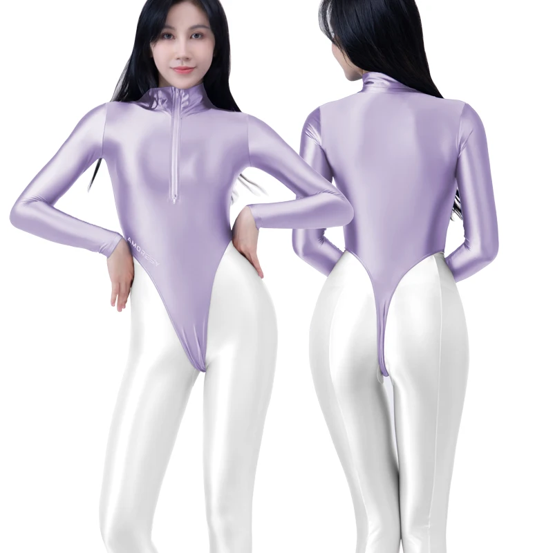 sexy gloss Tight Long Sleeve Solid Color smooth Shiny  Bodysuit Spandex Ultra High Leg Thong one piece swimsuit women