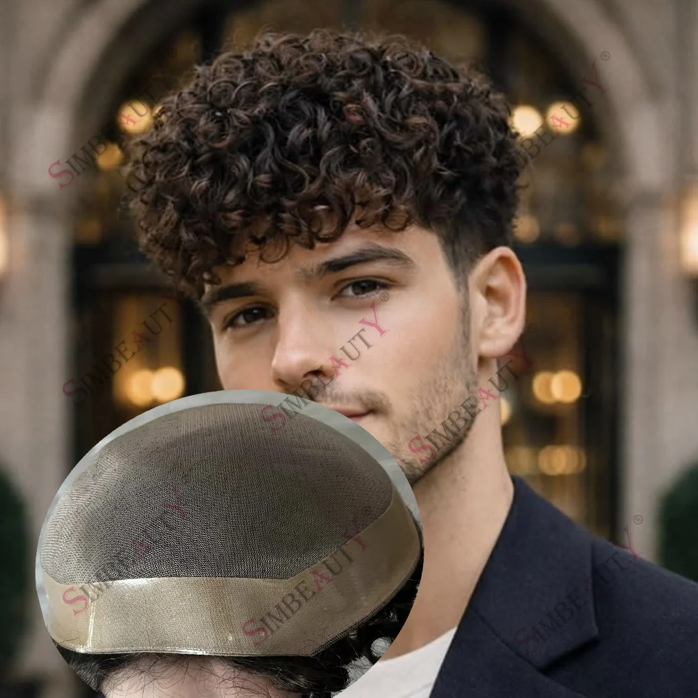 

Light Brown Blonde 25mm 20mm Curly Natural Hairline Black Man Toupee 100% Human Hair Breathable Cheap Mono Lace 15mm Afo Systems
