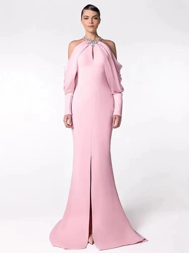 HIGH STREET Newest Fashion 2026 Designer Women's Stand Collar Beaded Diamonds Chiffon Off Shoulder Long Sleeves Party Long Dress