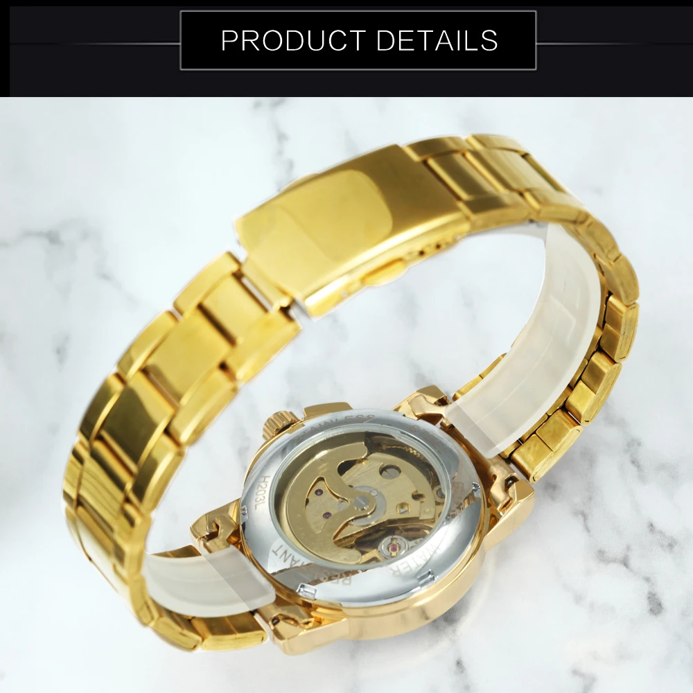 WINNER Luxury Skeleton Automatic Watch for Women Fashion Diamond Elegant Mechanical Watches Gold Stainless Steel Strap Luminous