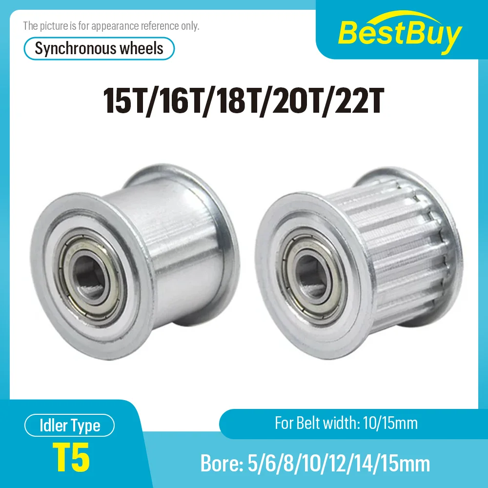

T5-15T/16T/18T/20/22T tensioner adjustment guide wheel with bearing synchronous wheel idler Bore 5-15mm Belt width 10/15mm