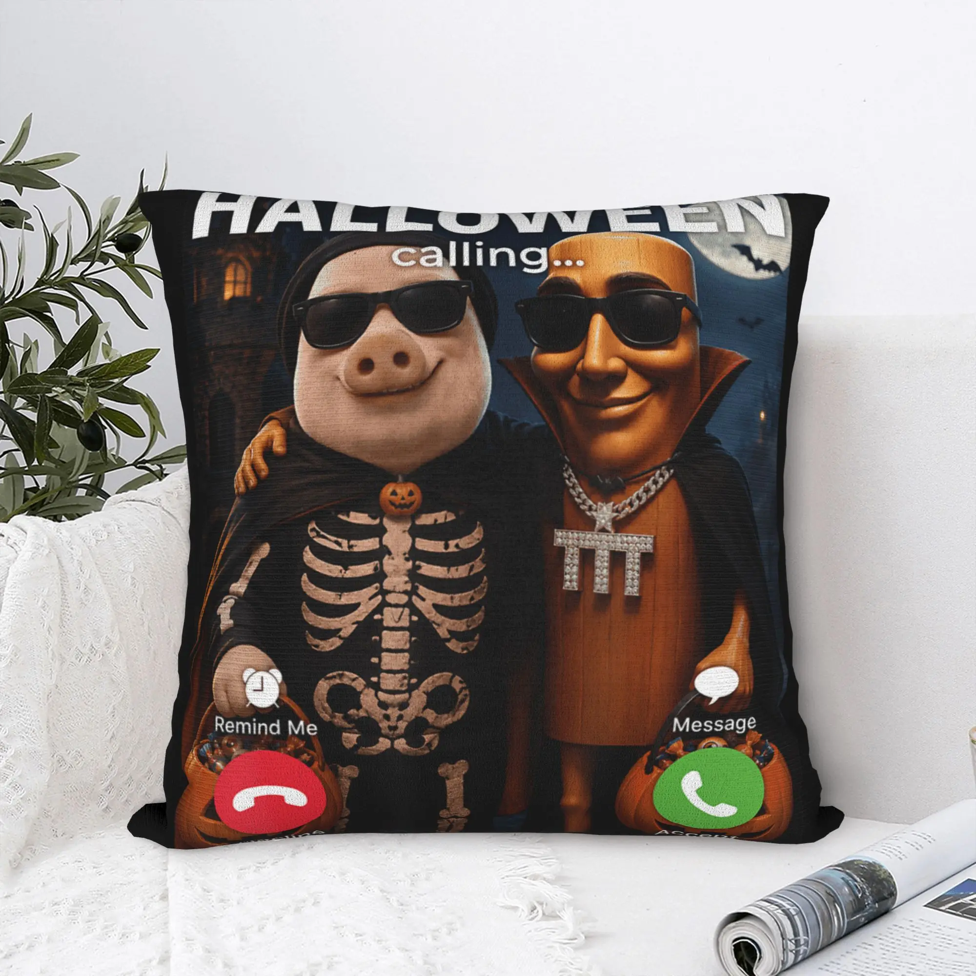 John Pork Halloween Calling Internet Meme Joke Tung Sahur Pillow Cover Cushion Cover Retro Pillow Case For Office Car Home Decor