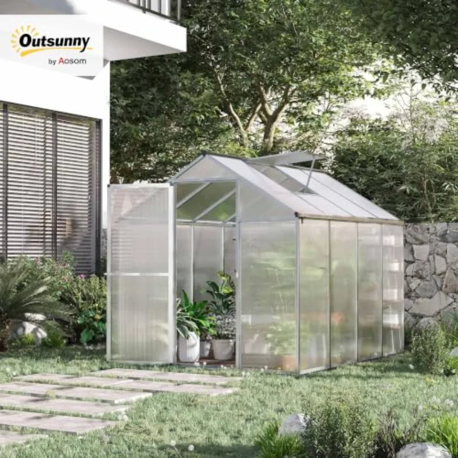 Greenhouse for Outdoors, Polycarbonate Greenhouse with Rain Gutter and Roof Vent, Aluminum Walk-in Green Houses for Outside Pat